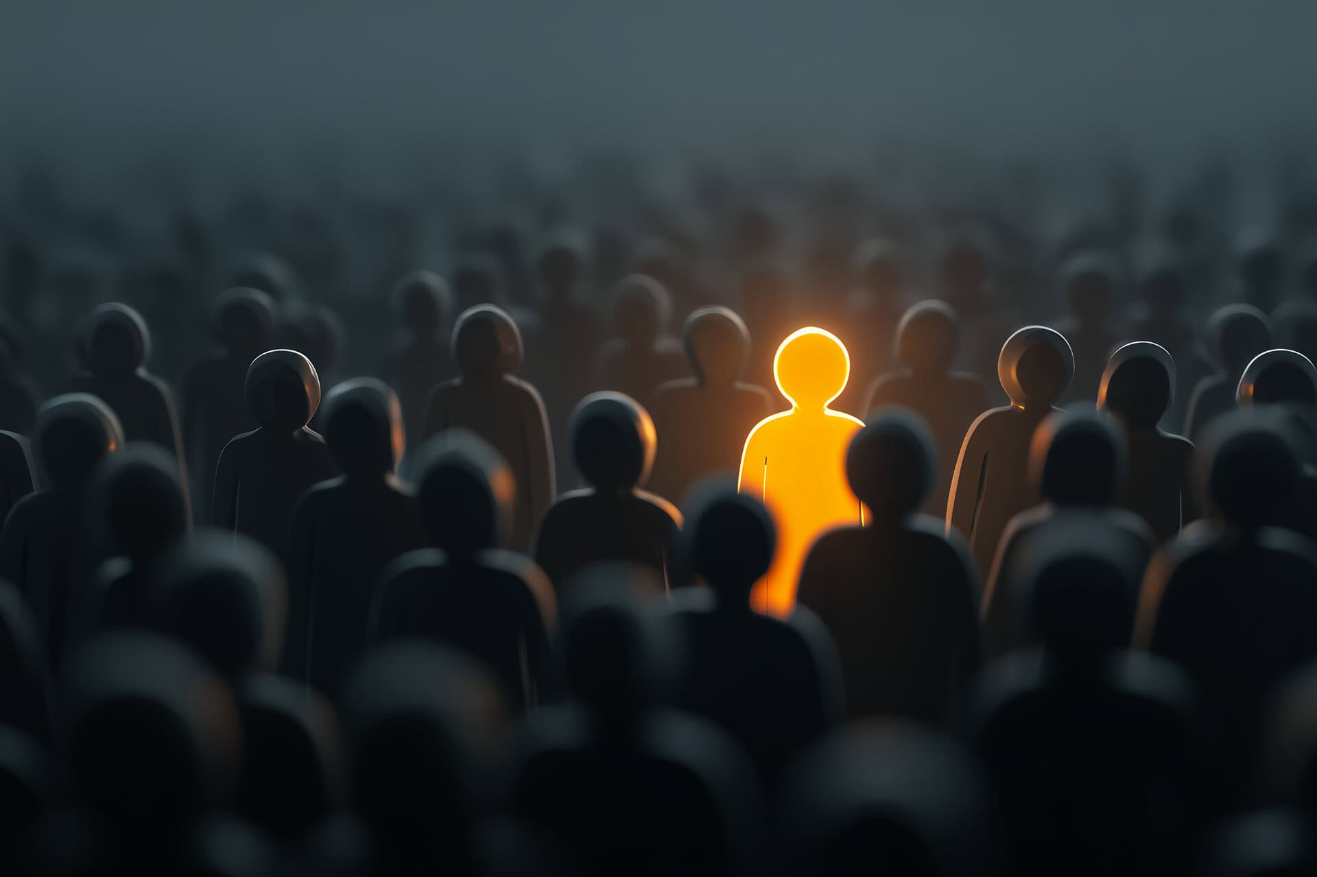 Une silhouette lumineuse se distingue au milieu d’une foule sombre, symbolisant la pensée individuelle face au conformisme et à l’opinion collective.